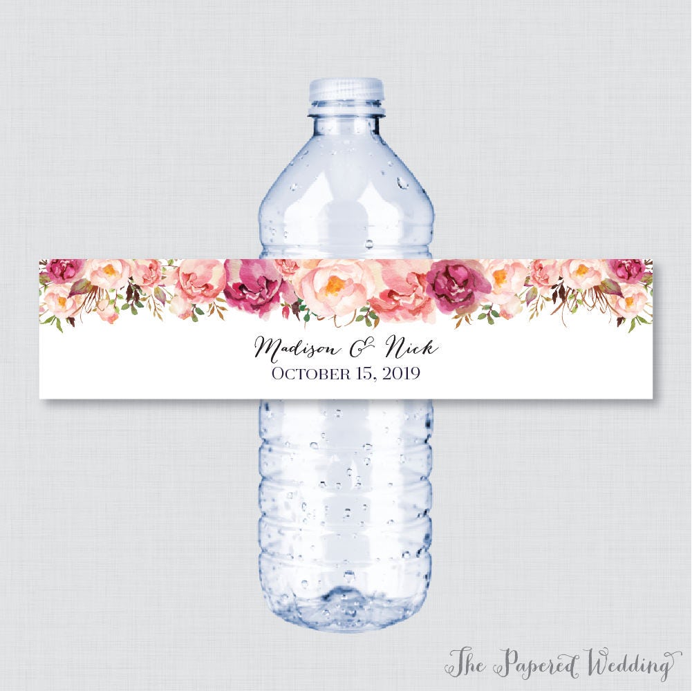 Printable OR Printed Wedding Water Bottle Labels - Rustic Pink Flower  Custom Water Bottle Labels - Personalized Water Bottle Labels 20 Intended For Free Custom Water Bottle Labels Template