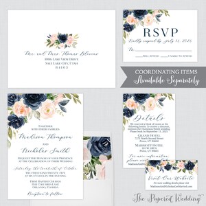 Printable OR Printed Wedding Invitations - Navy and Pink Floral Wedding ...