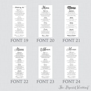 Puede incluir: Seis dise&ntilde;os de men&uacute; de boda con diferentes estilos de fuente elegantes. Cada men&uacute; enumera aperitivos, ensaladas, platos principales y postres. La parte inferior de cada men&uacute; incluye los nombres de la pareja y la fecha de la boda.