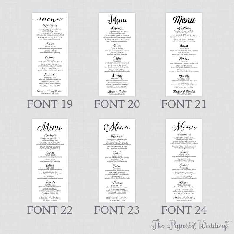 Puede incluir: Seis dise&ntilde;os de men&uacute; de boda con diferentes estilos de fuente elegantes. Cada men&uacute; enumera aperitivos, ensaladas, platos principales y postres. La parte inferior de cada men&uacute; incluye los nombres de la pareja y la fecha de la boda.