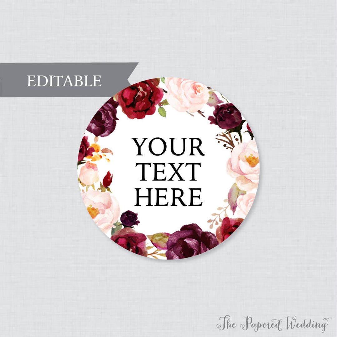 EDITABLE Wedding Tags - Printable Marsala Floral Wedding Labels, Rustic Flower Circle Wedding ...
