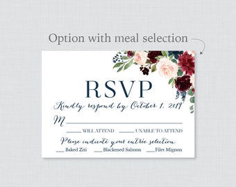 Printable OR Printed Wedding RSVP Cards - Navy and Marsala RSVP Wedding Cards - Rustic Burgundy Flower Response Cards, Wine Reply Cards 0010