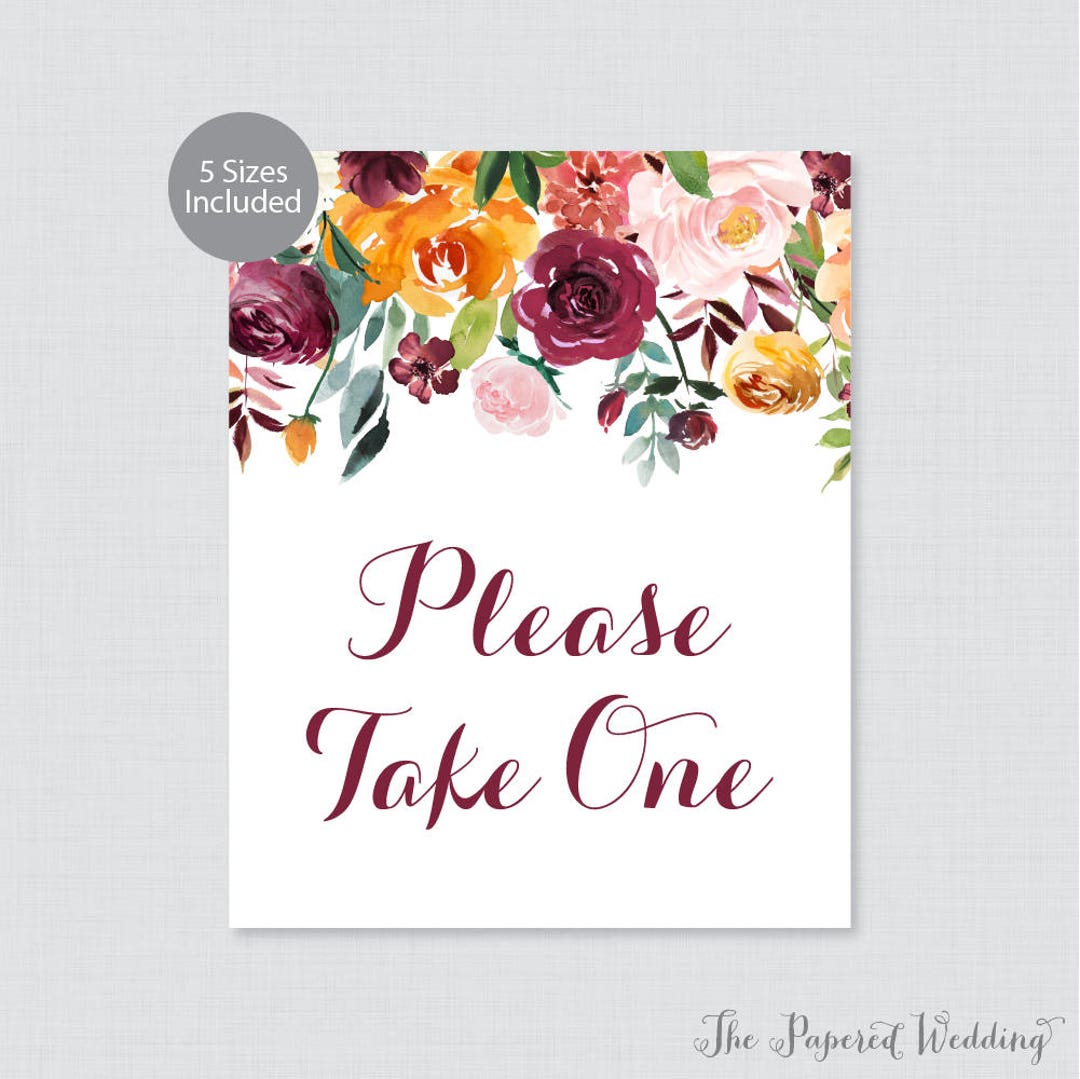 Spring Take One Printable Please Take One Sign - Fall Floral Wedding Sign - Rustic ...