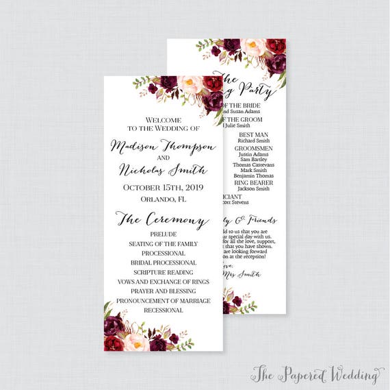 Printable Or Printed Wedding Programs Marsala And Pink Etsy