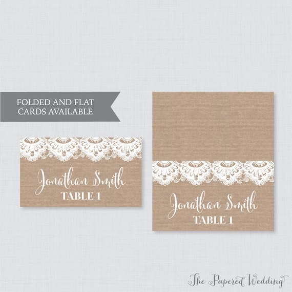Printed Wedding Place Cards Burlap and Lace Wedding Table Place