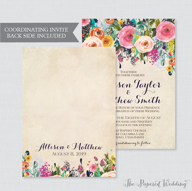 Printable OR Printed Wedding Invitations Floral Wedding Invitations, Colorful Flower Wedding Invites, Shabby Chic Invitations 0003-A image 2