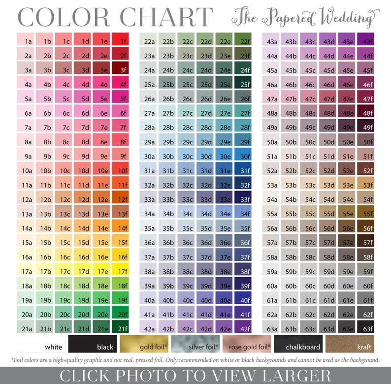 Puede incluir: Una carta de colores con muestras de colores numeradas en varios tonos, dispuestas en una cuadr&iacute;cula. La tabla incluye el texto "COLOR CHART" y "The Papered Wedding". Texto adicional en la parte inferior indica los colores de la l&aacute;mina.