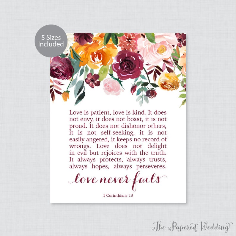 Printable Bible Verse Sign - Fall Floral Wedding Decor - Love Never ...