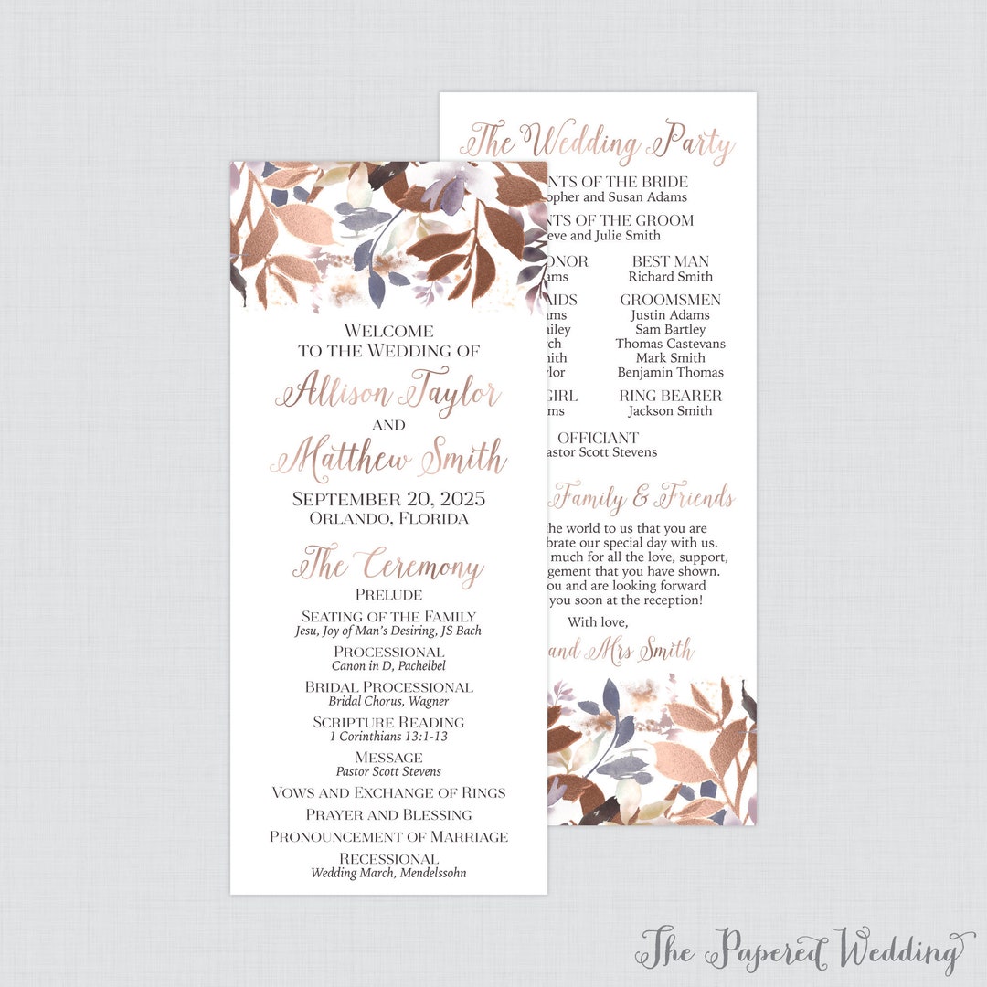Rose Gold Program Printable OR Printed Rose Gold Wedding Programs - Rose Gold & Lavender ...