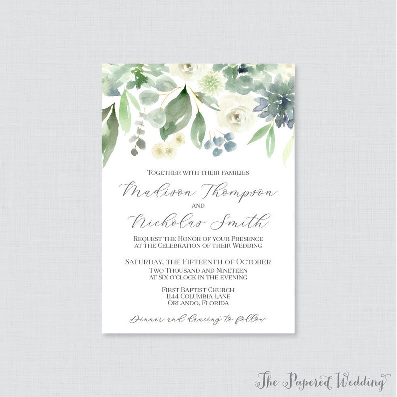 Green Succulent Invitations Greenery White Leaves Wedding 0023 Green Wedding Invites Printable OR Printed Succulent Wedding Invitations