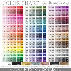 May include: Color chart with 63 different colors, labeled with letters and numbers. The colors are arranged in rows and columns. The chart includes a variety of colors, including white, black, gold foil, silver foil, rose gold foil, chalkboard, and kraft. The text "The Papered Wedding" is at the top of the chart. The text "Click Photo to View Larger" is at the bottom of the chart.