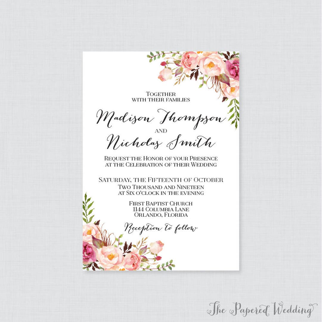 Printable OR Printed Wedding Invitations - Pink Floral Wedding ...