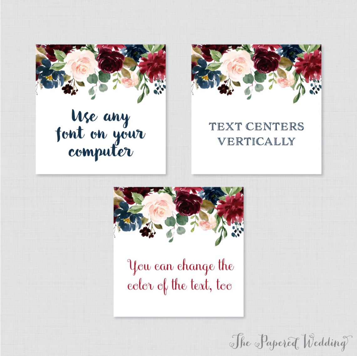 EDITABLE Wedding Tags Printable Navy Marsala Floral Wedding | Etsy