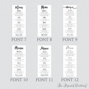 Puede incluir: Seis tarjetas de men&uacute; de boda con diferentes estilos de fuente. Cada tarjeta presenta la palabra &laquo;Men&uacute;&raquo; en la parte superior, seguida de una lista de platos como aperitivos, ensaladas, entrantes y postres. La parte inferior de cada tarjeta incluye los nombres de la pareja y la fecha de la boda.