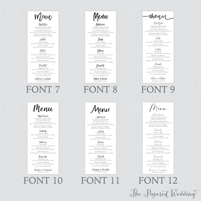 Puede incluir: Seis tarjetas de men&uacute; de boda con diferentes estilos de fuente. Cada tarjeta presenta la palabra &laquo;Men&uacute;&raquo; en la parte superior, seguida de una lista de platos como aperitivos, ensaladas, entrantes y postres. La parte inferior de cada tarjeta incluye los nombres de la pareja y la fecha de la boda.