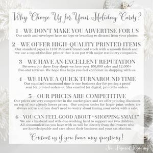 May include: A white card with text in a decorative font, titled "Why Choose Us for Your Holiday Cards?" The card lists reasons to shop, including high-quality items, quick turnaround, and competitive prices. The Papered Wedding logo is at the bottom.
