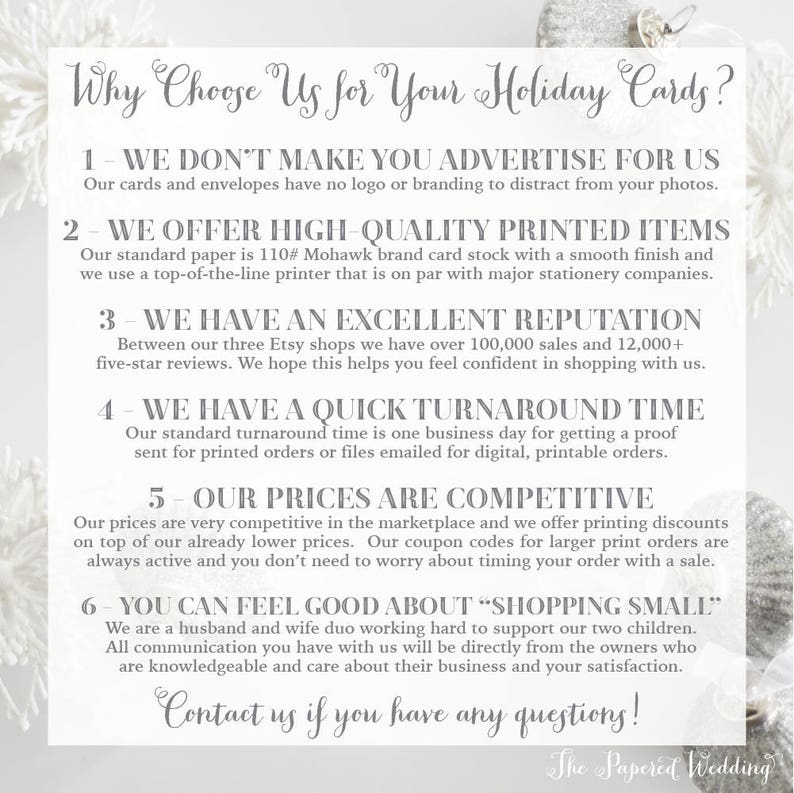May include: A white card with text in a decorative font, titled "Why Choose Us for Your Holiday Cards?" The card lists reasons to shop, including high-quality items, quick turnaround, and competitive prices. The Papered Wedding logo is at the bottom.