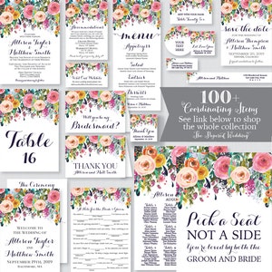 May include: A set of wedding stationery featuring a floral design with pink, yellow, and green flowers. The stationery includes a save the date card, a menu, a table number card, a thank you card, and a welcome sign. The text on the stationery includes the names "Allison Taylor" and "Matthew Smith", the wedding date, and the wedding location.