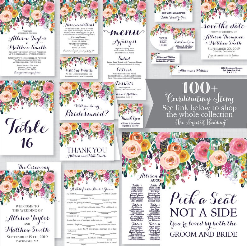 May include: A set of wedding stationery featuring a floral design with pink, yellow, and green flowers. The stationery includes a save the date card, a menu, a table number card, a thank you card, and a welcome sign. The text on the stationery includes the names "Allison Taylor" and "Matthew Smith", the wedding date, and the wedding location.