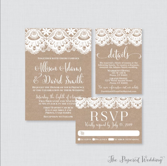 Rustic Wedding Invites with Burlap Lace 0002 Printable OR Printed Wedding Invitation Suite Burlap and Lace Wedding Invitation Package