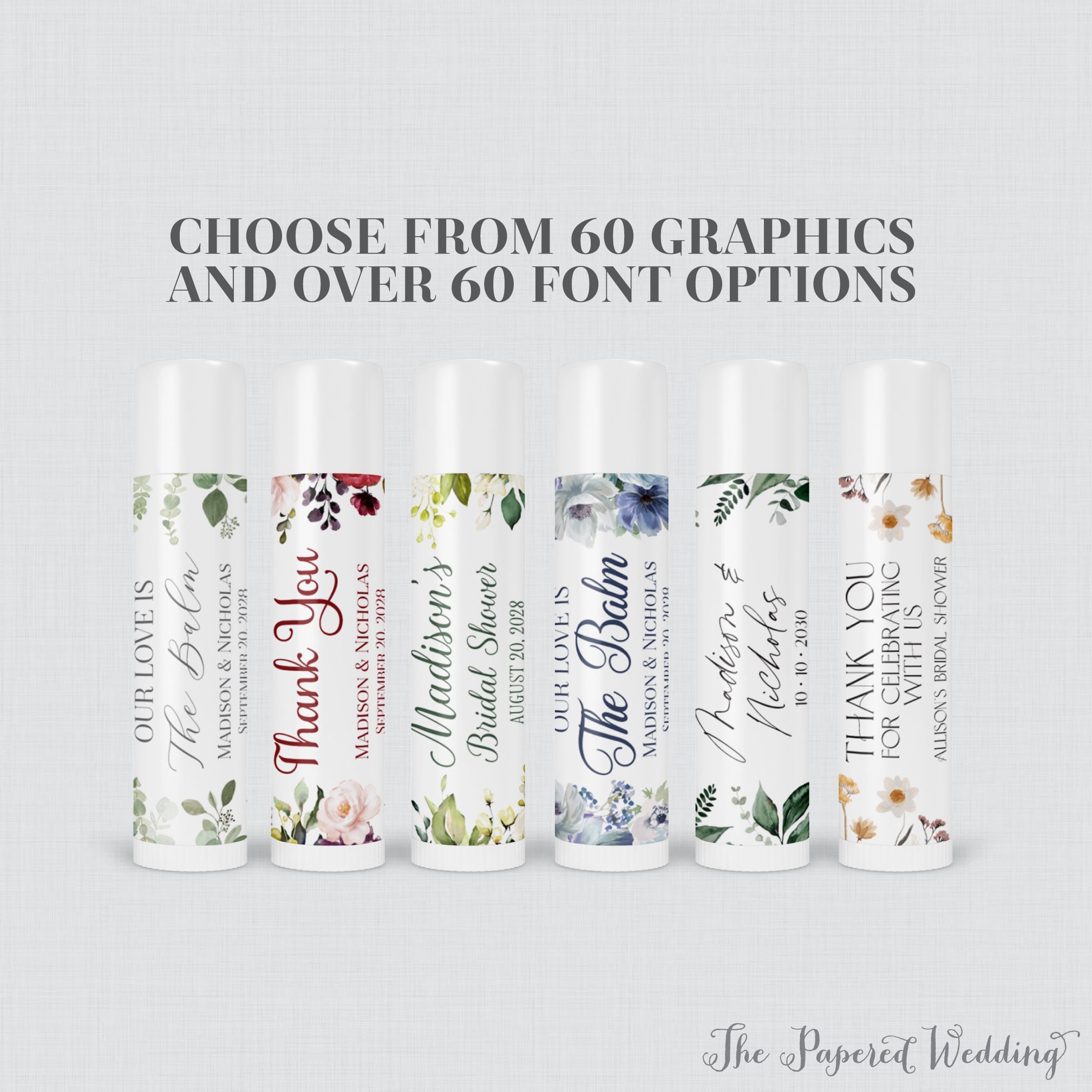 PRINTED Flower Labels for Lip Balm Containers -  Choose Your Floral Graphic, Fonts, Font Color - Personalized Chapstick Favor Stickers 0072