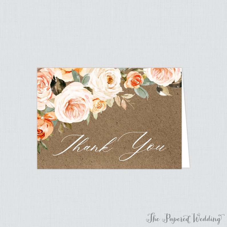 and Cream Autumn Flower Thank You Cards in Kraft Orange Printable OR Printed Rustic Floral Wedding Folded Thank You Cards Pink 0028