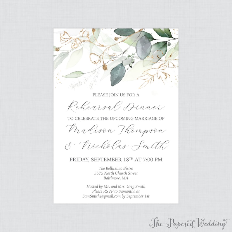 Printable OR Printed Green and Gold Rehearsal Dinner Invitations Greenery Rehearsal Dinner Invites, Green Leaf Gold Wedding Rehearsal 0029 image 1