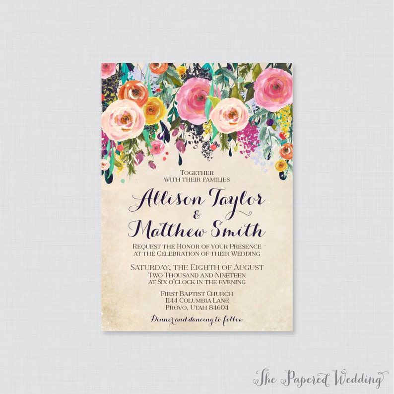 Printable OR Printed Wedding Invitations Floral Wedding Invitations, Colorful Flower Wedding Invites, Shabby Chic Invitations 0003-A image 1