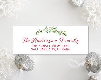 Red and Green Return Address Labels - Holly Branch Holiday Return Address Labels for Christmas Card Personalized Address Stickers 052