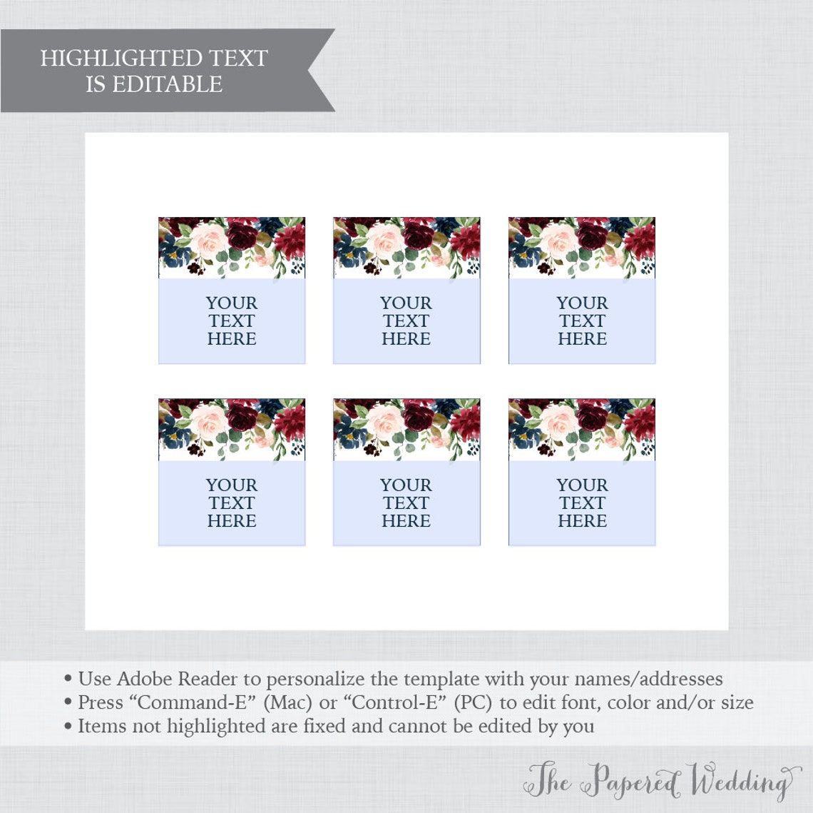 EDITABLE Wedding Tags Printable Navy Marsala Floral Wedding | Etsy