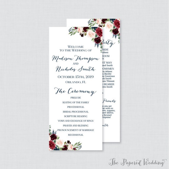 Printable Or Printed Wedding Programs Navy And Marsala Etsy