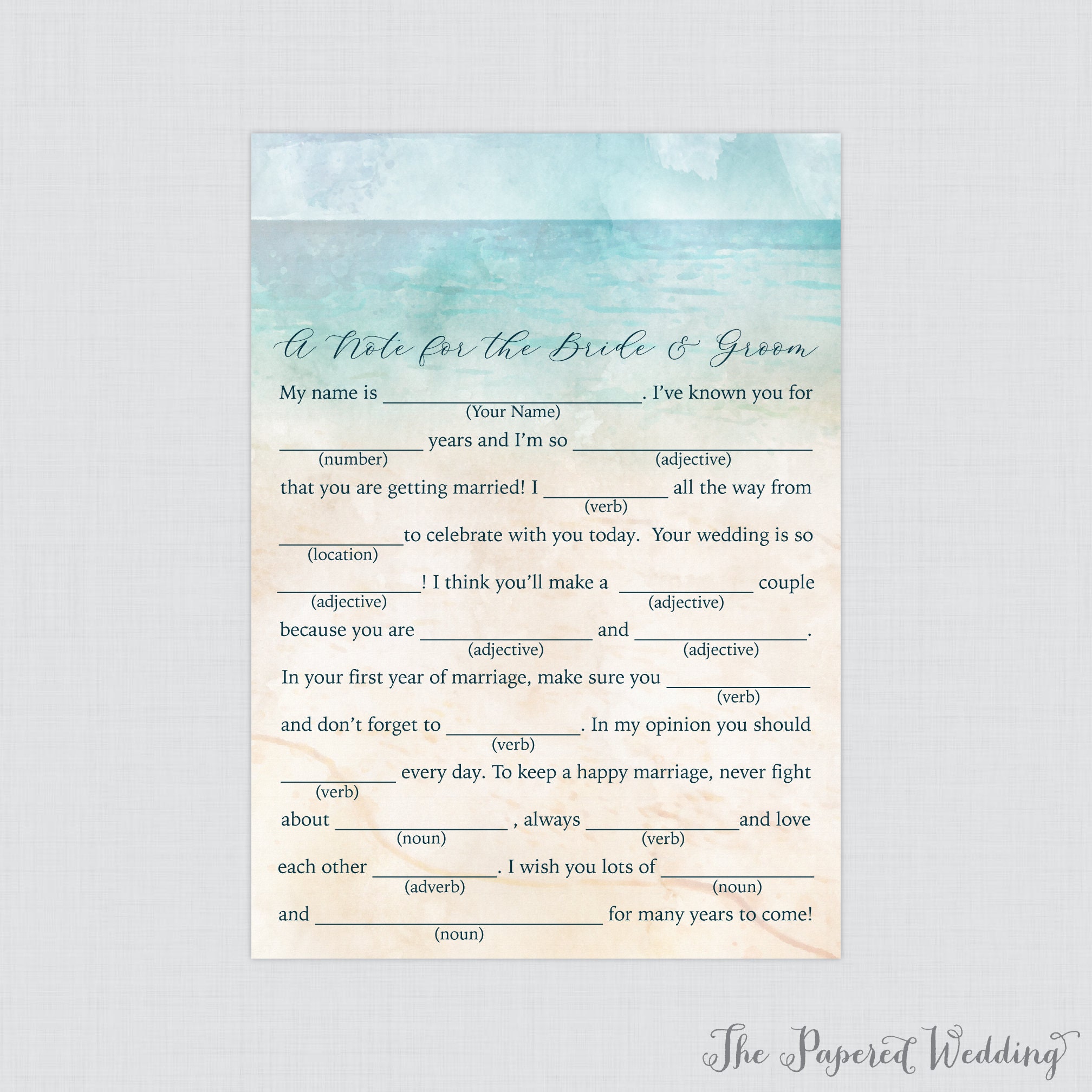 Printable Beach Wedding Mad Libs Watercolor Beach Themed | Etsy