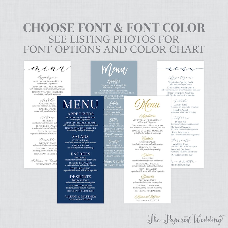 Puede incluir: Varias opciones de tarjetas de men&uacute; de boda con diferentes fuentes y colores. La imagen muestra varios dise&ntilde;os de men&uacute;, cada uno con secciones para aperitivos, ensaladas, platos principales y postres. El texto "Elige la fuente y el color" es visible en la parte superior.