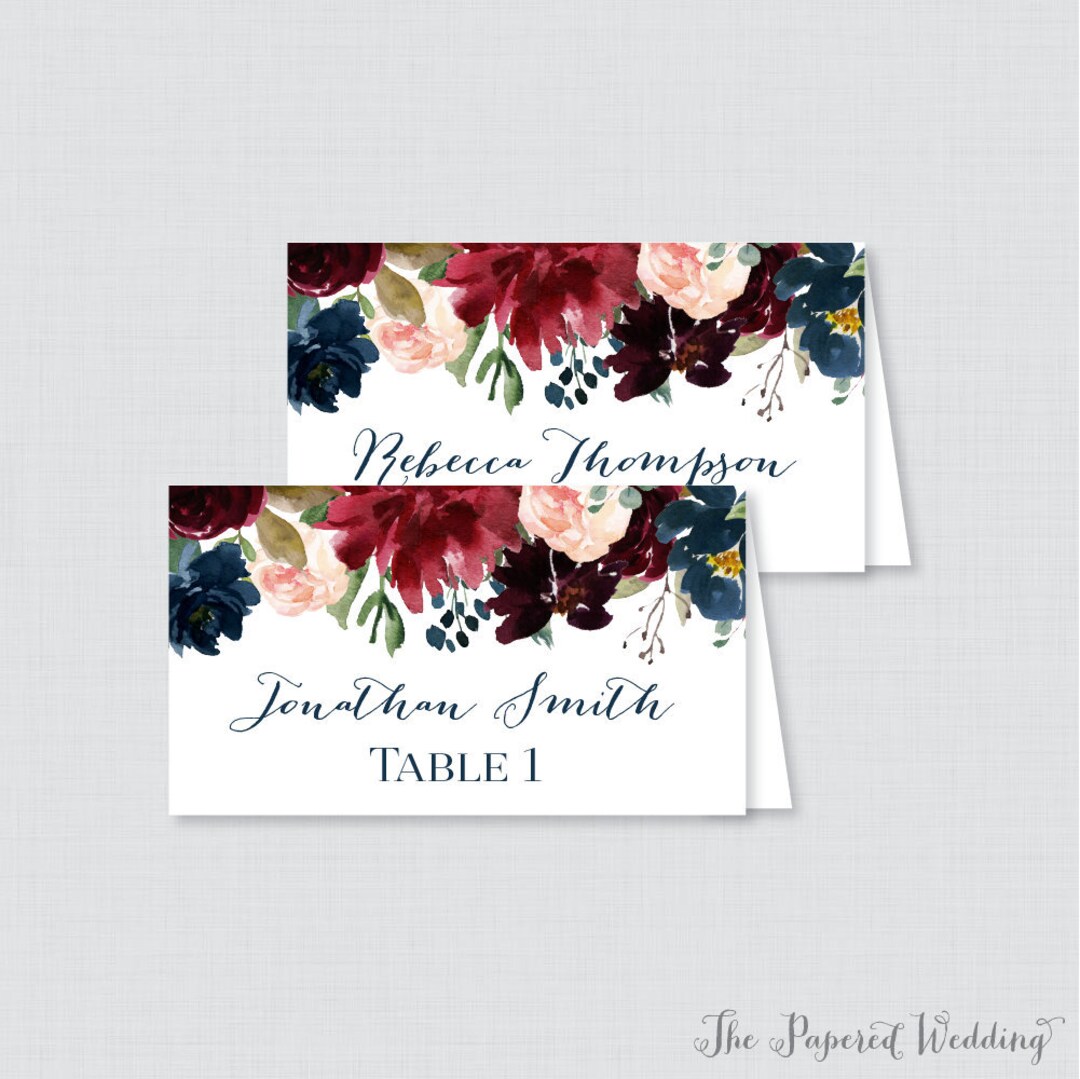 Printed Wedding Place Cards Navy and Marsala Floral Wedding Table Place