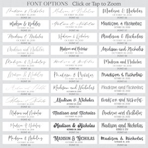 May include: A grid of 6 rows and 6 columns of different font styles for the names Madison & Nicholas. Each font style is numbered from 34 to 66. The text "October 30, 2030" appears below each font style.