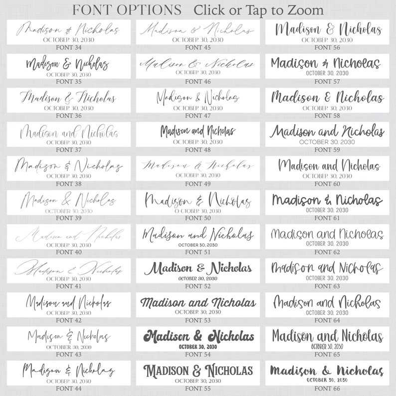 May include: A grid of 6 rows and 6 columns of different font styles for the names Madison & Nicholas. Each font style is numbered from 34 to 66. The text "October 30, 2030" appears below each font style.