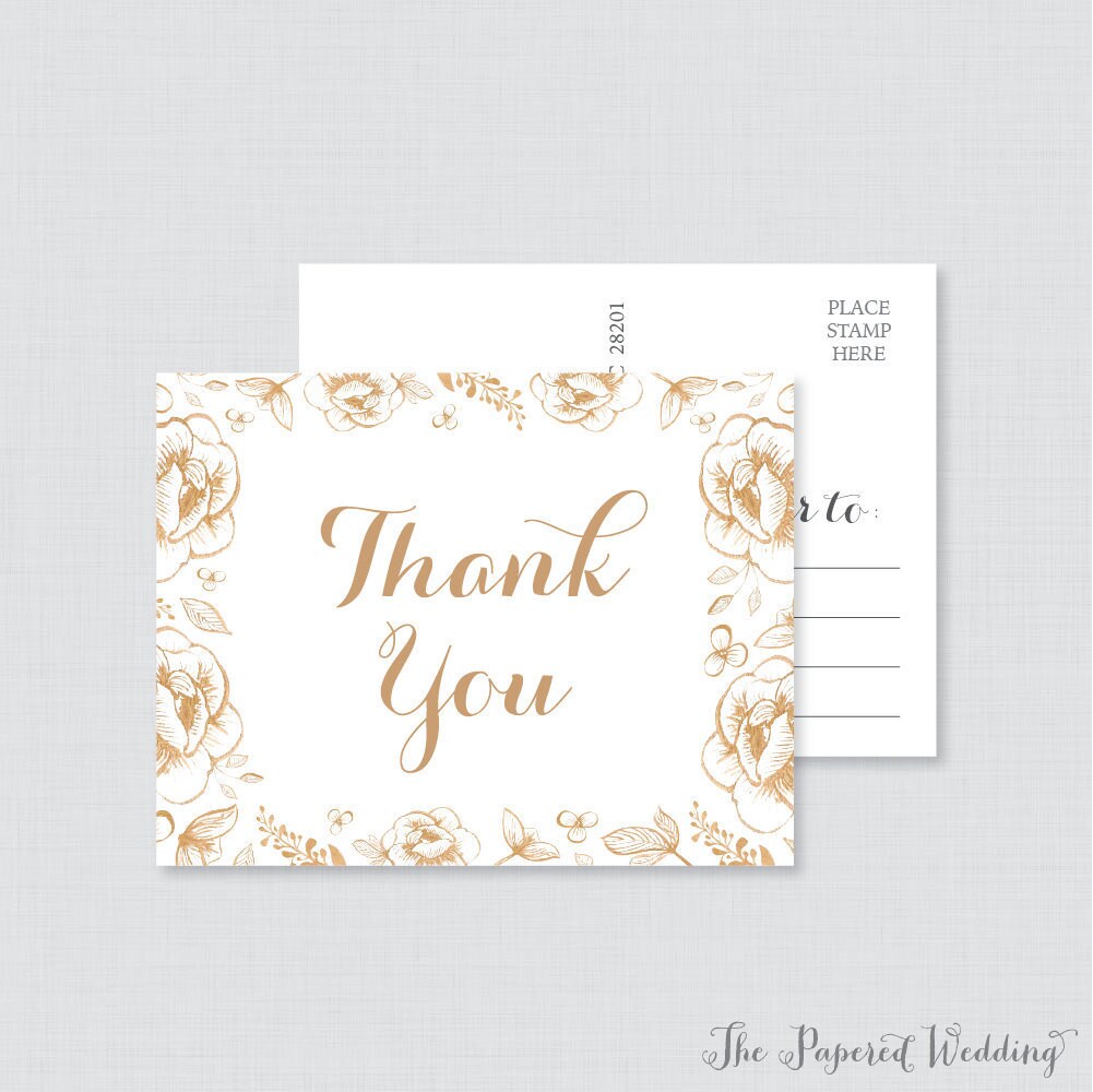 Printable OR Printed Wedding Thank You Postcards Gold Floral | Etsy