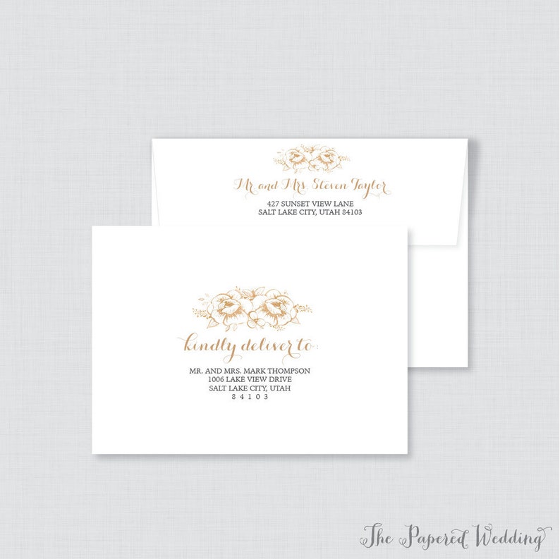 Wedding Envelopes White and Gold Flower Wedding Envelopes Gold Floral Wedding Name and Address, Custom Printed Envelope 0018 image 1