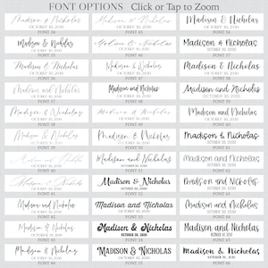 May include: A grid of 6 rows and 6 columns of different font styles for the names Madison & Nicholas. Each font style is numbered from 34 to 66. The text "October 30, 2030" appears below each font style.