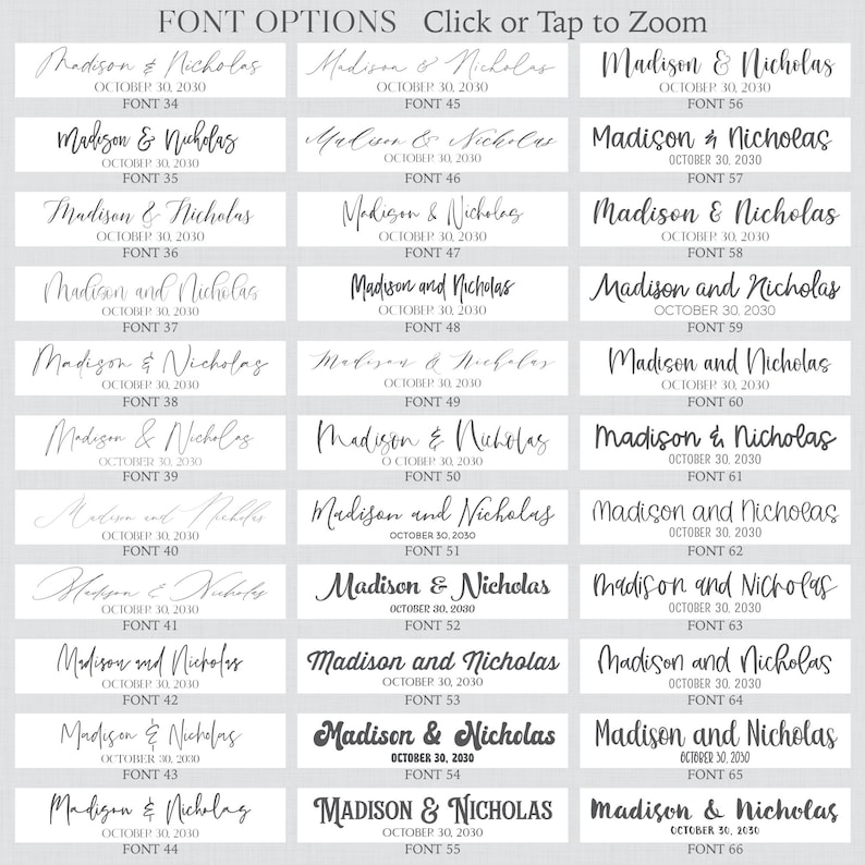 May include: A grid of 6 rows and 6 columns of different font styles for the names Madison & Nicholas. Each font style is numbered from 34 to 66. The text "October 30, 2030" appears below each font style.
