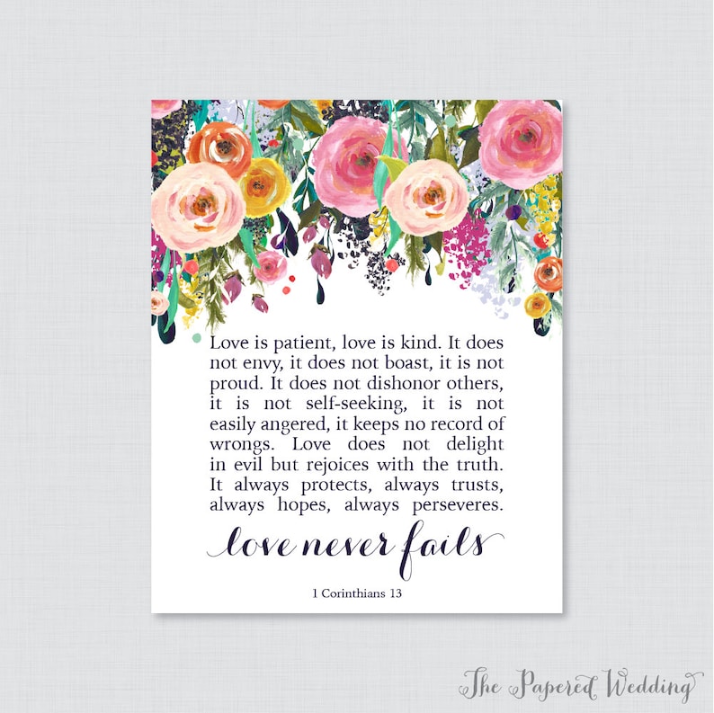 Printable Bible Verse Sign - Floral Wedding Decor - Love Never Fails 1 ...