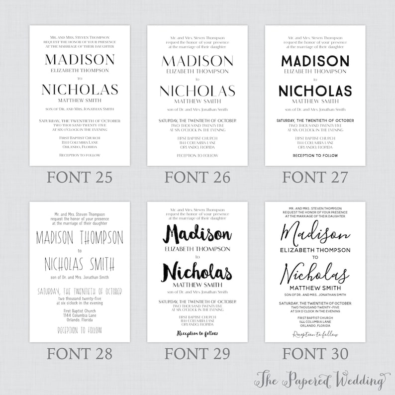 Simple Printable OR Printed Wedding Invitations with Custom Colors and Fonts Custom Wedding Invites with Traditional Layout 0032