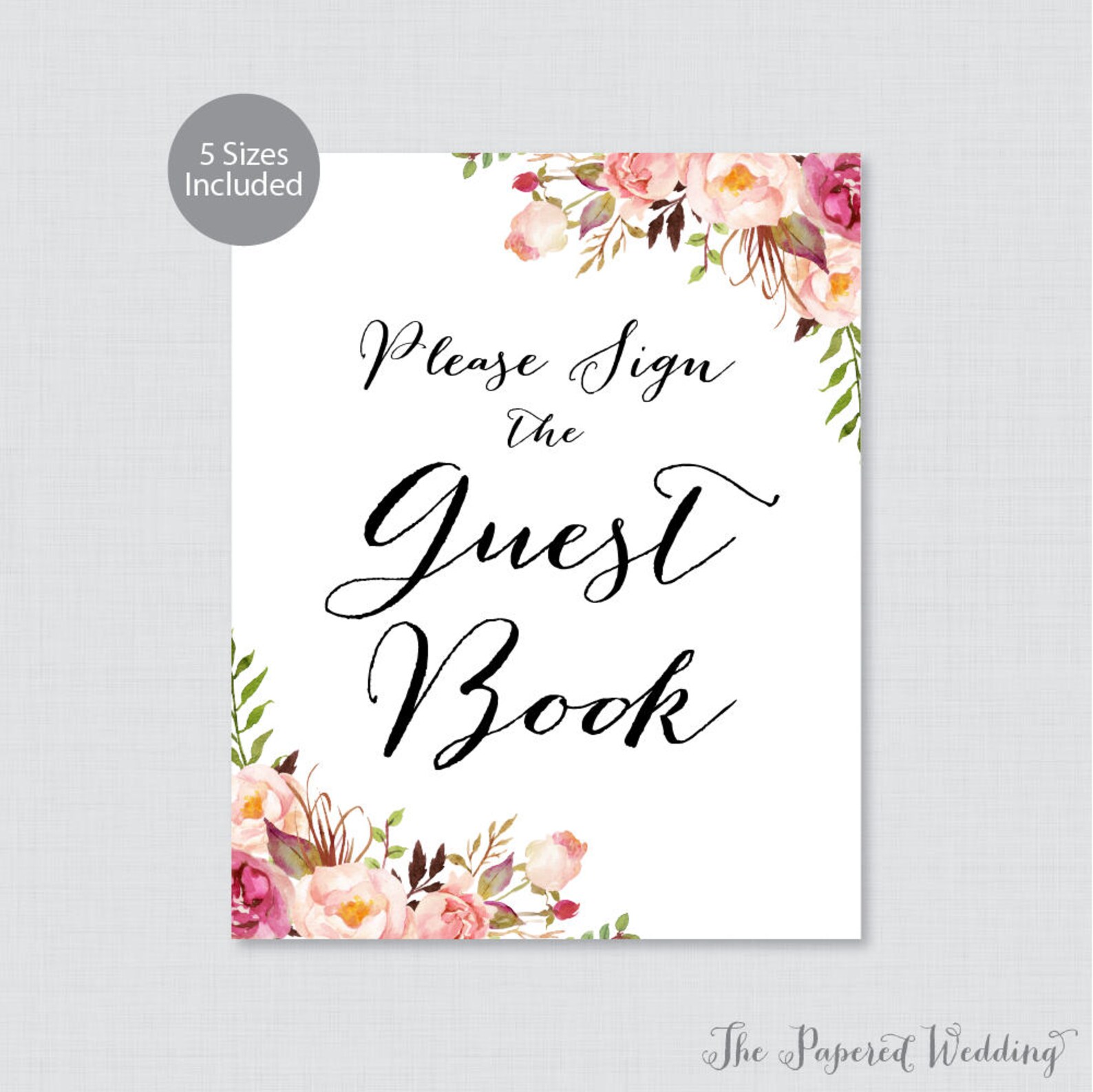 Printable Wedding Guest Book Sign Pink Flower Sign the Guest | Etsy
