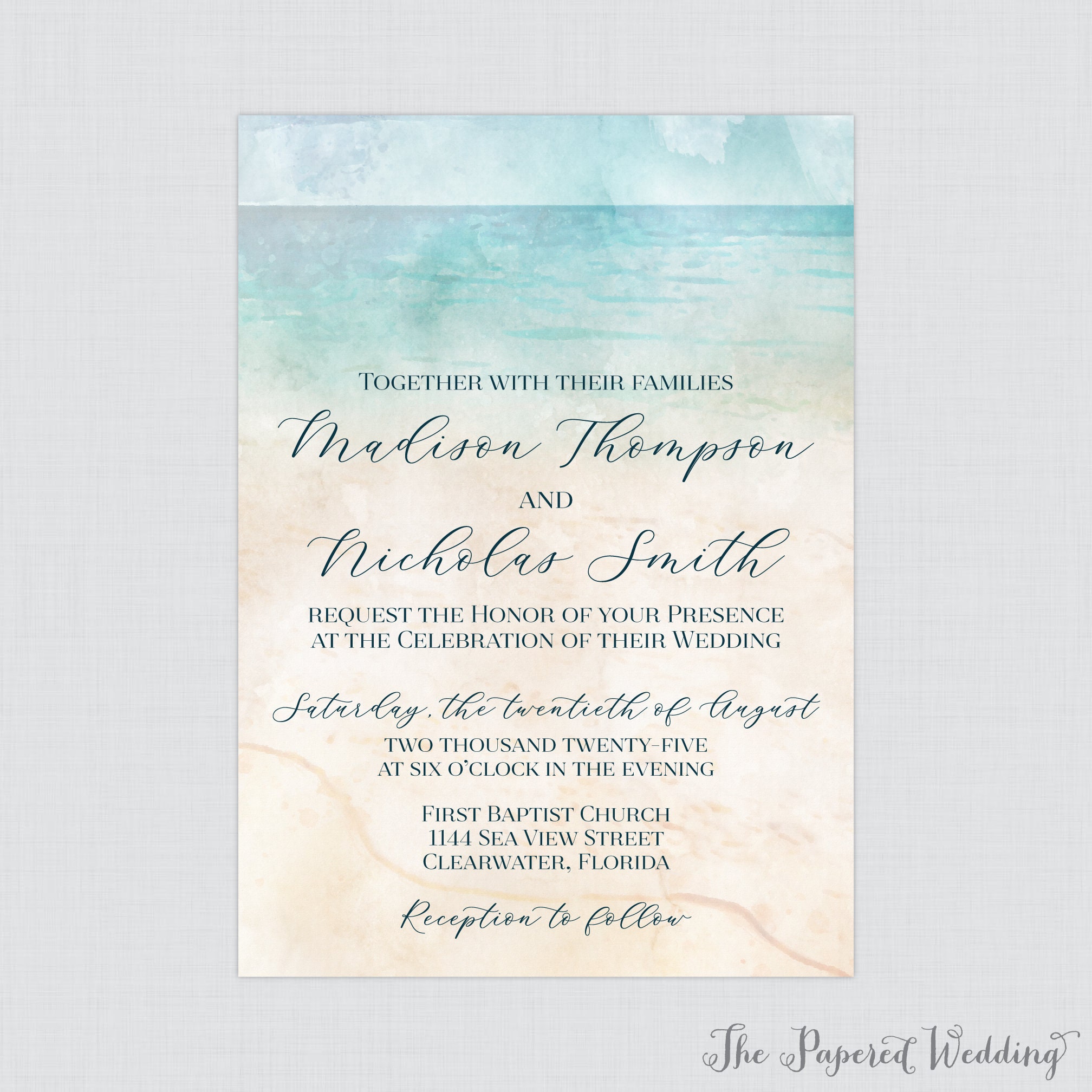 Printable OR Printed Beach Wedding Invitation Suite - Watercolor Beach ...
