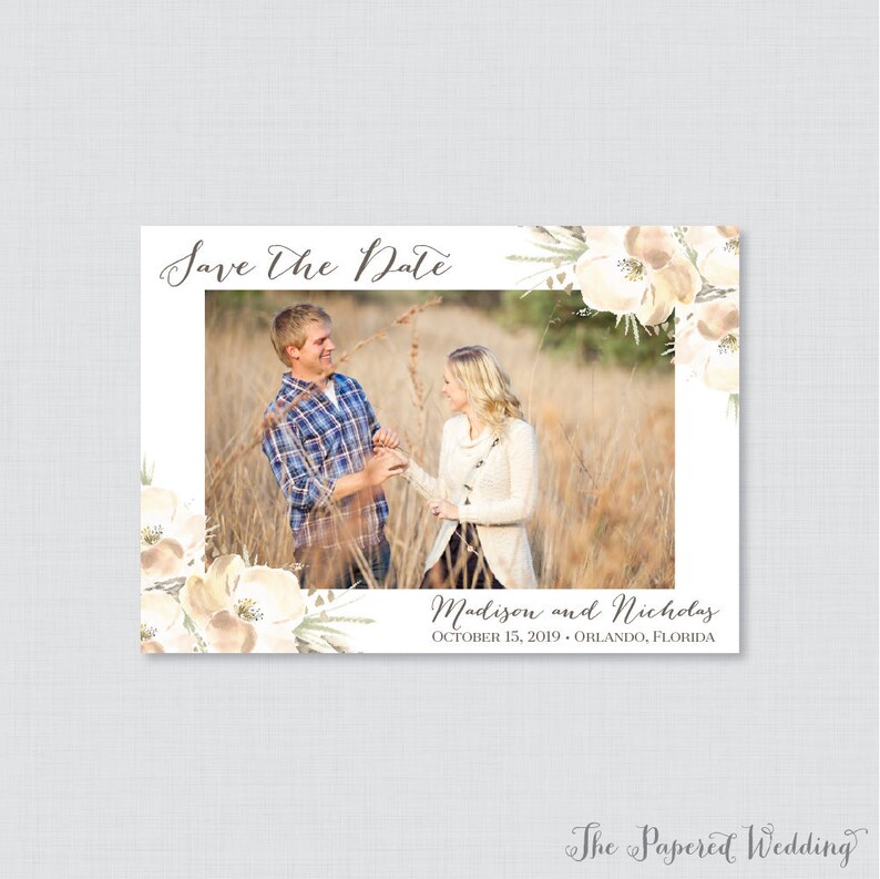 Photo Save the Date Magnets Personalized 0014 Rustic Floral Photo Save our Date Magnets for Wedding White Save the Date Fridge Magnets