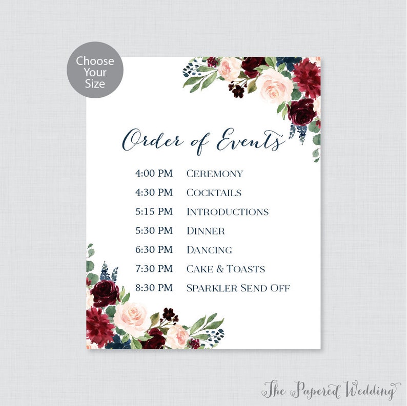 Printable Order Of Events Sign Navy And Marsala Wedding Etsy