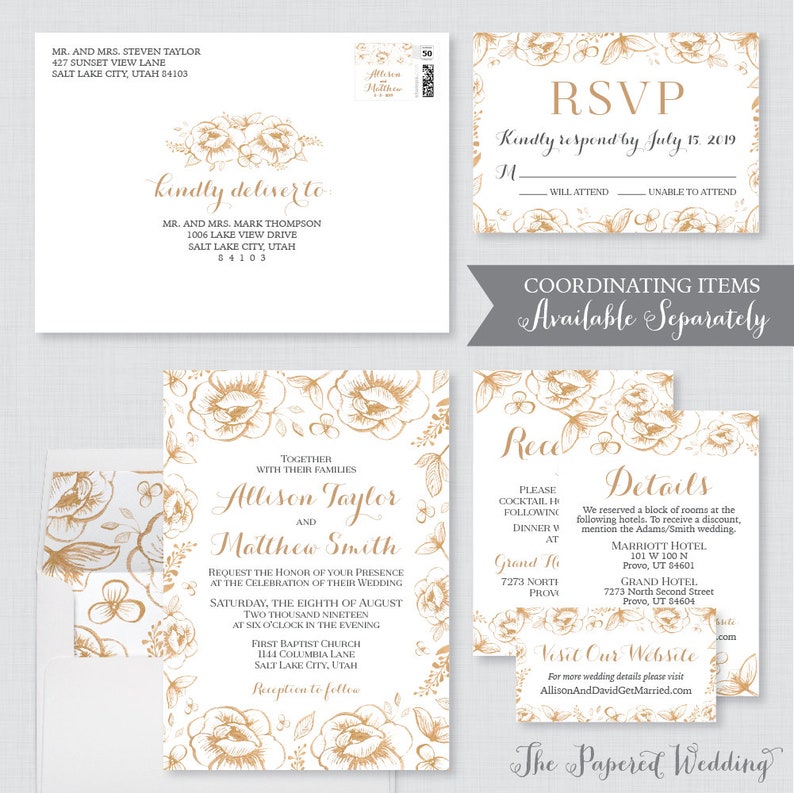 Wedding Envelopes White and Gold Flower Wedding Envelopes Gold Floral Wedding Name and Address, Custom Printed Envelope 0018 image 3