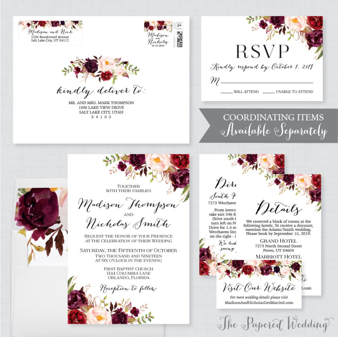 Printable OR Printed Wedding Invitations Marsala and Pink - Etsy