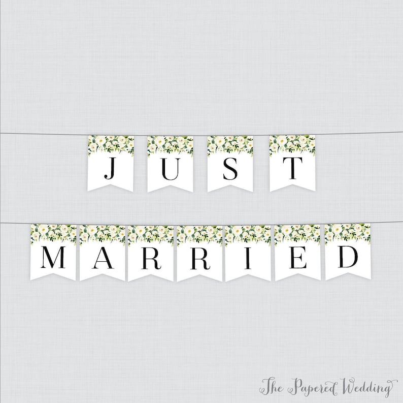 Printable Just Married Banner White Flower Just Married Bunting Modern Flower Just Married Wedding Banner, Wedding Car Decorations 0020 image 1