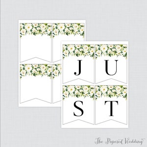 Printable Just Married Banner White Flower Just Married Bunting Modern Flower Just Married Wedding Banner, Wedding Car Decorations 0020 image 2